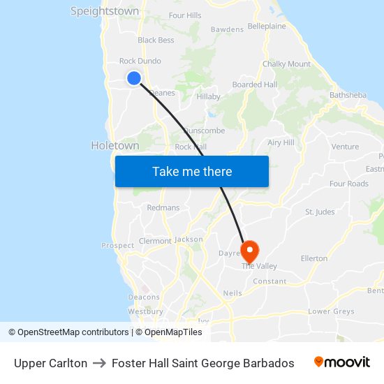 Upper Carlton to Foster Hall Saint George Barbados map
