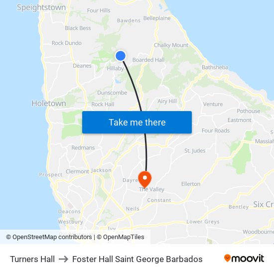 Turners Hall to Foster Hall Saint George Barbados map