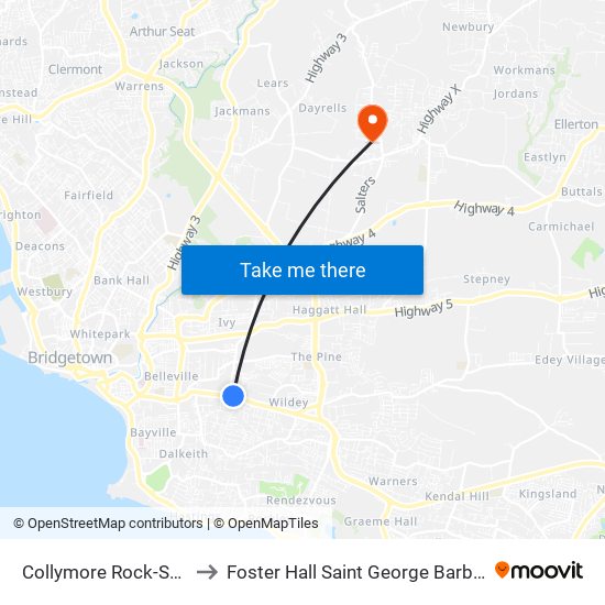 Collymore Rock-Super to Foster Hall Saint George Barbados map