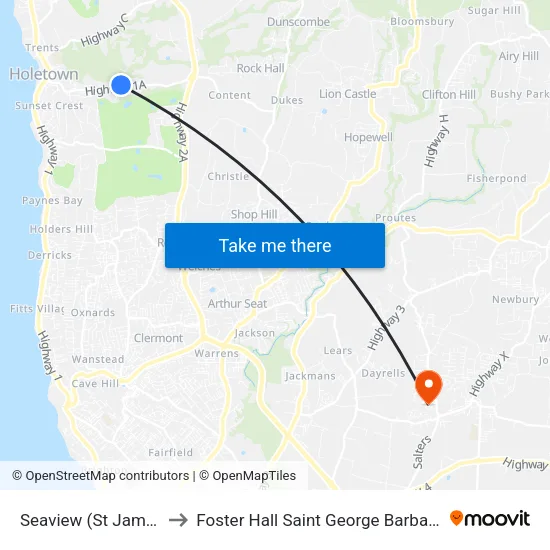 Seaview (St James) to Foster Hall Saint George Barbados map