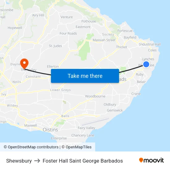 Shewsbury to Foster Hall Saint George Barbados map