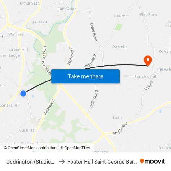 Codrington (Stadium Rd) to Foster Hall Saint George Barbados map