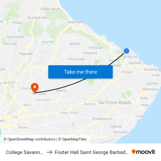 College Savannah to Foster Hall Saint George Barbados map