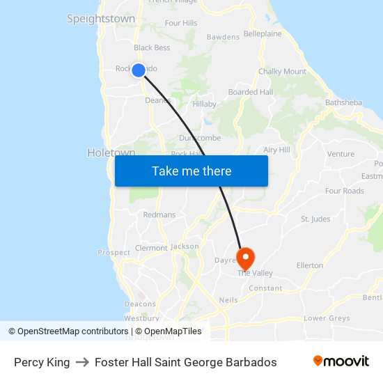 Percy King to Foster Hall Saint George Barbados map