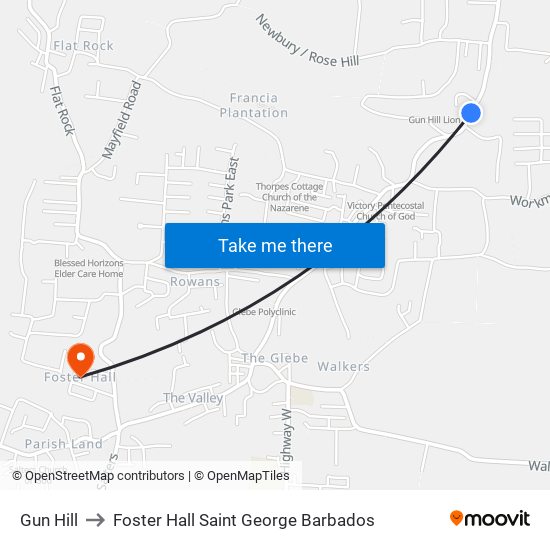 Gun Hill to Foster Hall Saint George Barbados map