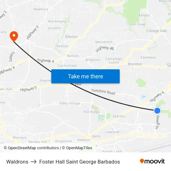 Waldrons to Foster Hall Saint George Barbados map
