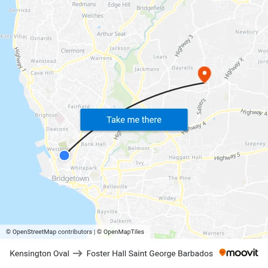 Kensington Oval to Foster Hall Saint George Barbados map