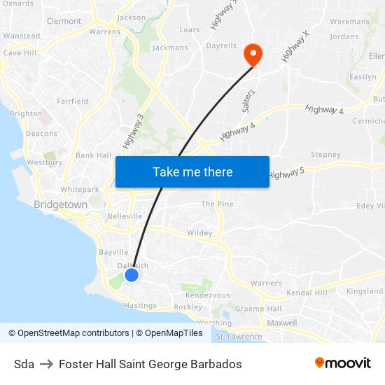 Sda to Foster Hall Saint George Barbados map