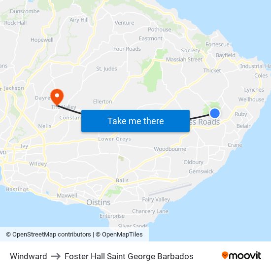 Windward to Foster Hall Saint George Barbados map