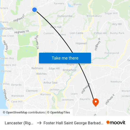 Lancaster (Right) to Foster Hall Saint George Barbados map