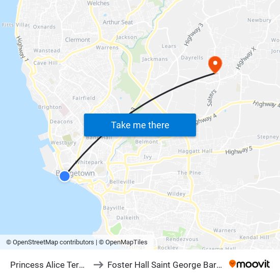 Princess Alice Terminal to Foster Hall Saint George Barbados map