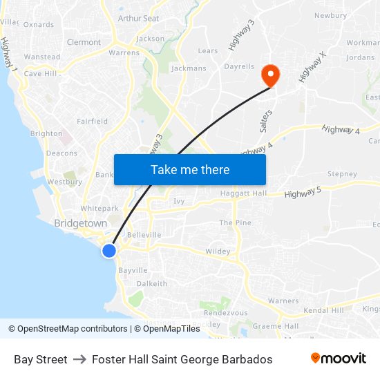 Bay Street to Foster Hall Saint George Barbados map