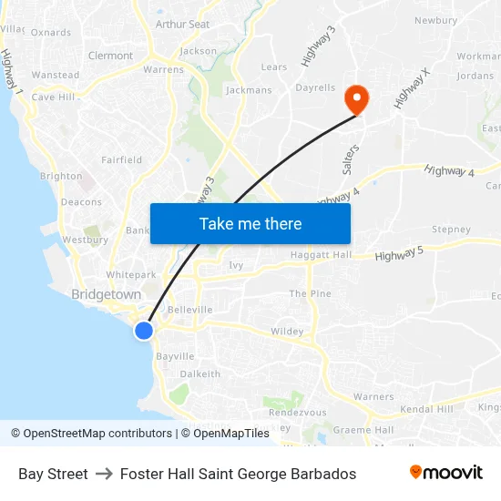 Bay Street to Foster Hall Saint George Barbados map