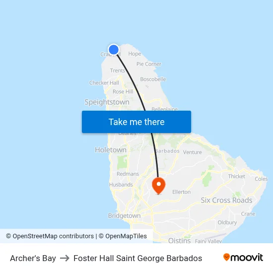 Archer's Bay to Foster Hall Saint George Barbados map