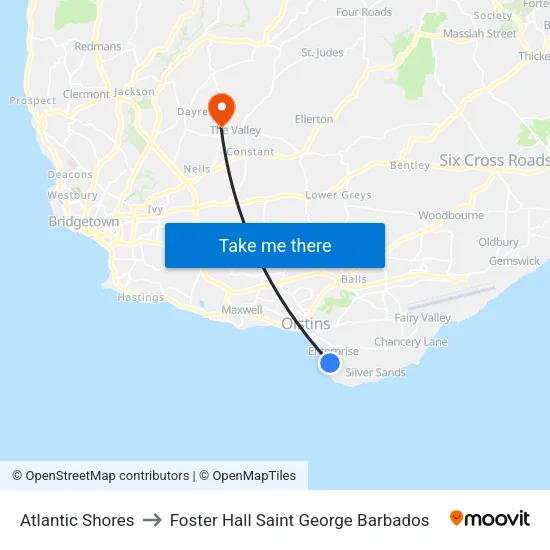 Atlantic Shores to Foster Hall Saint George Barbados map