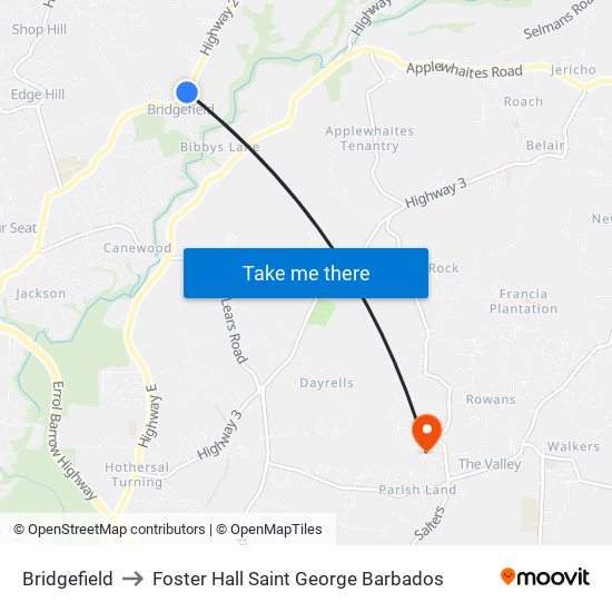 Bridgefield to Foster Hall Saint George Barbados map