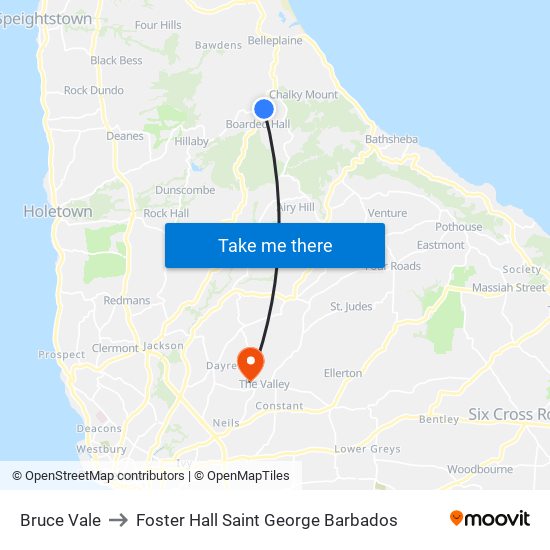 Bruce Vale to Foster Hall Saint George Barbados map