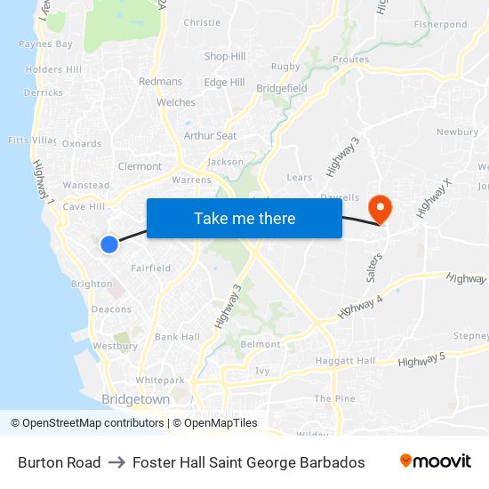 Burton Road to Foster Hall Saint George Barbados map