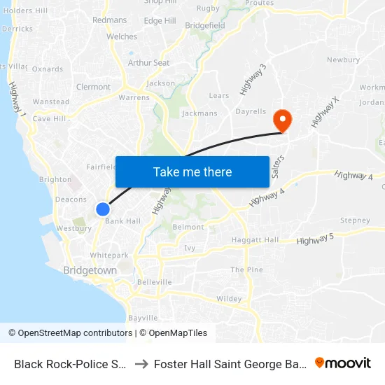 Black Rock-Police Station to Foster Hall Saint George Barbados map