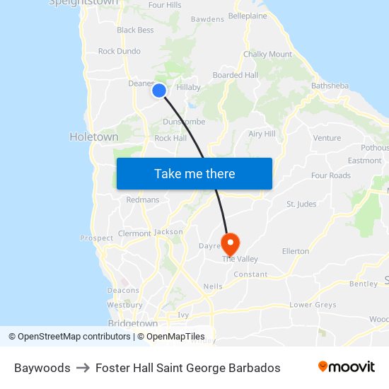Baywoods to Foster Hall Saint George Barbados map
