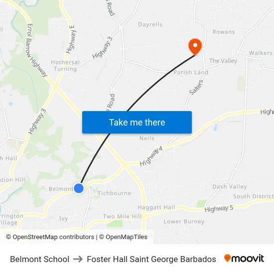 Belmont School to Foster Hall Saint George Barbados map