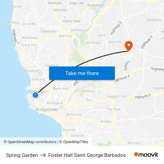 Spring Garden to Foster Hall Saint George Barbados map