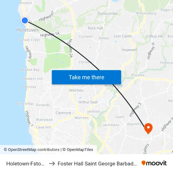 Holetown-Fstone to Foster Hall Saint George Barbados map