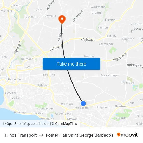 Hinds Transport to Foster Hall Saint George Barbados map