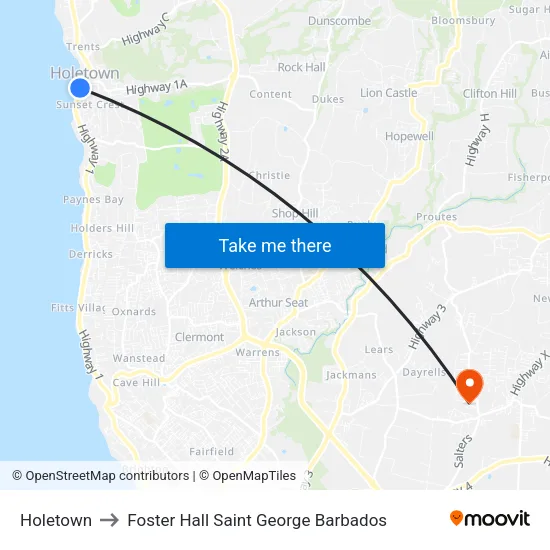 Holetown to Foster Hall Saint George Barbados map