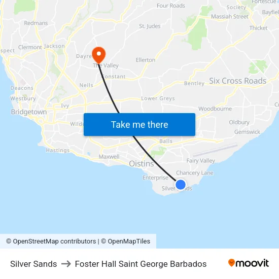 Silver Sands to Foster Hall Saint George Barbados map