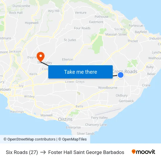Six Roads (27) to Foster Hall Saint George Barbados map