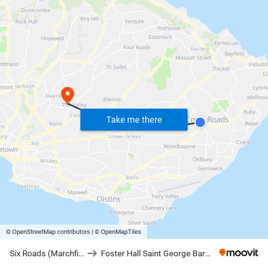 Six Roads (Marchfield) to Foster Hall Saint George Barbados map