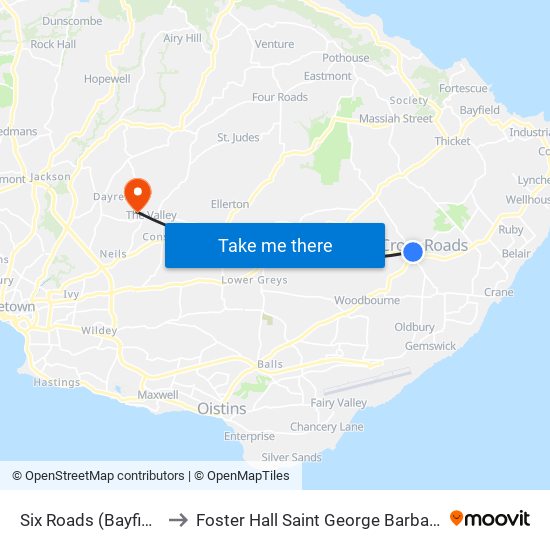 Six Roads (Bayfield) to Foster Hall Saint George Barbados map