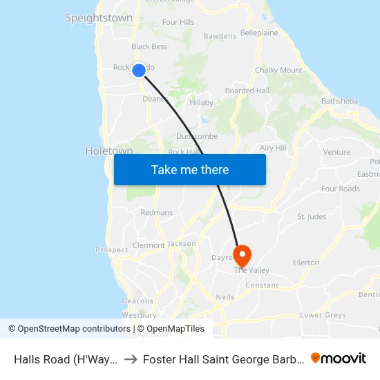Halls Road (H'Way 2a) to Foster Hall Saint George Barbados map