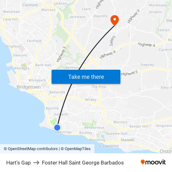 Hart's Gap to Foster Hall Saint George Barbados map