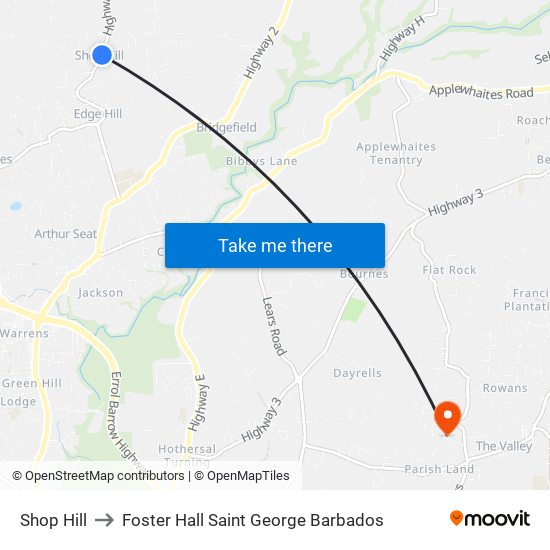 Shop Hill to Foster Hall Saint George Barbados map