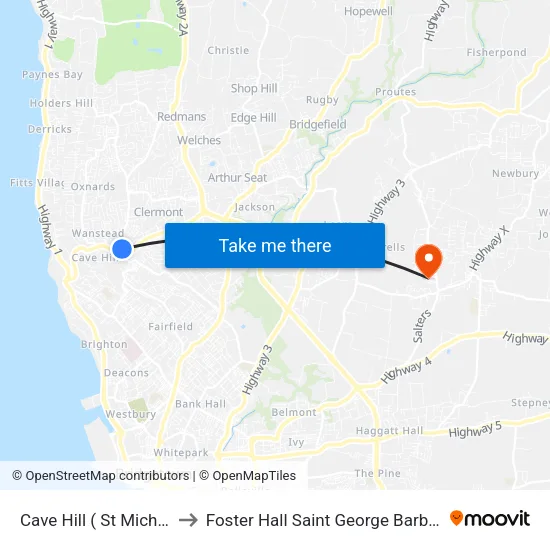 Cave Hill ( St Michael) to Foster Hall Saint George Barbados map