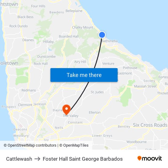 Cattlewash to Foster Hall Saint George Barbados map