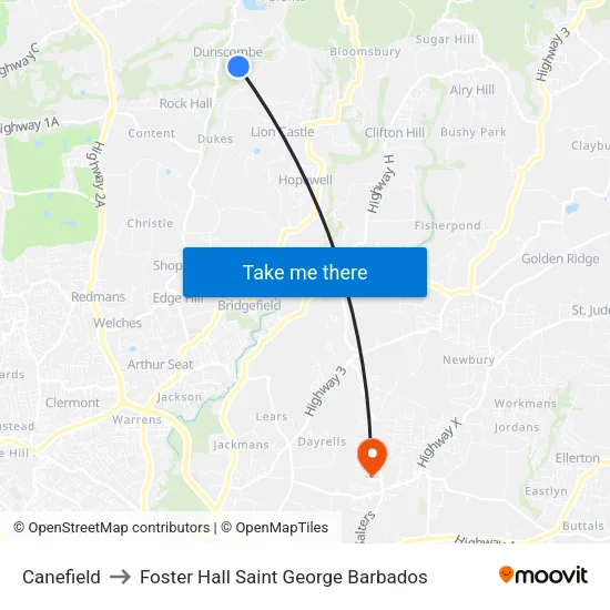 Canefield to Foster Hall Saint George Barbados map