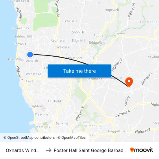 Oxnards Windmill to Foster Hall Saint George Barbados map