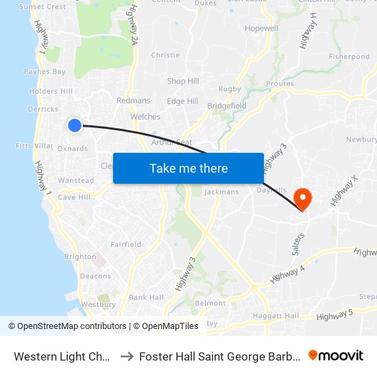 Western Light Church to Foster Hall Saint George Barbados map