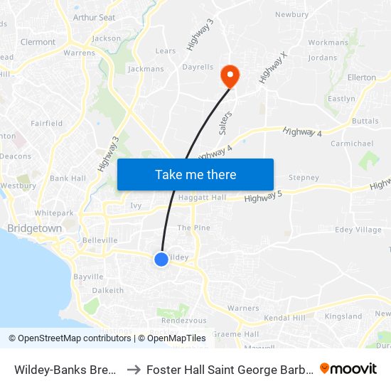 Wildey-Banks Brewery to Foster Hall Saint George Barbados map