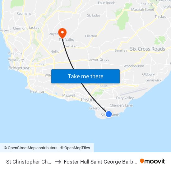 St Christopher Church to Foster Hall Saint George Barbados map