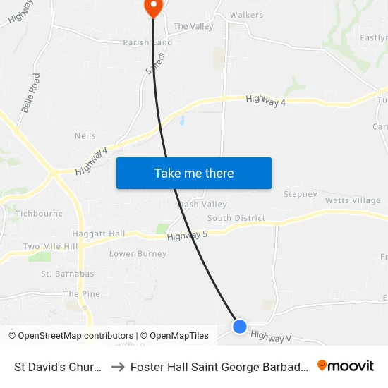 St David's Church to Foster Hall Saint George Barbados map