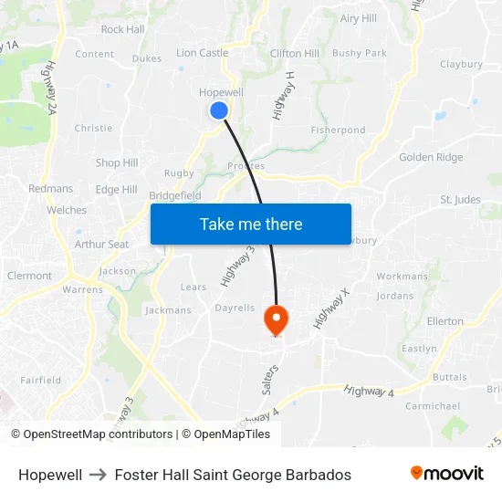 Hopewell to Foster Hall Saint George Barbados map