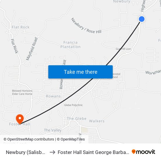 Newbury (Salisbury) to Foster Hall Saint George Barbados map