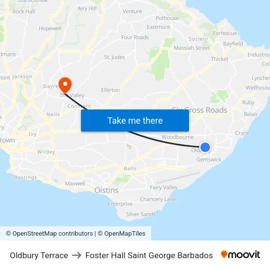 Oldbury Terrace to Foster Hall Saint George Barbados map