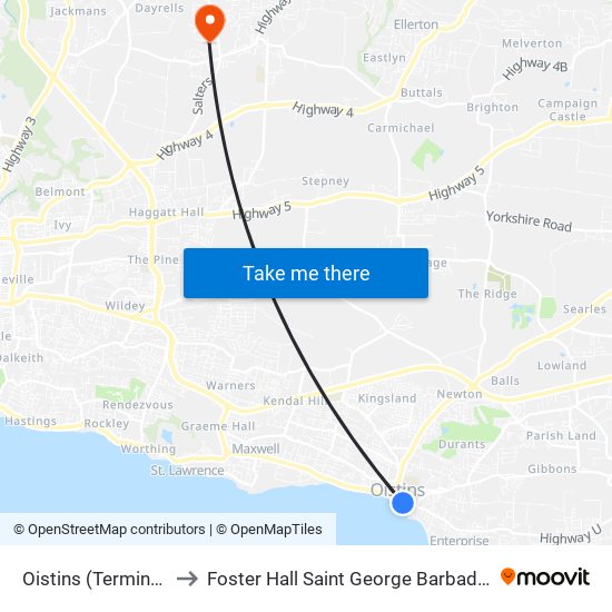 Oistins (Terminal) to Foster Hall Saint George Barbados map