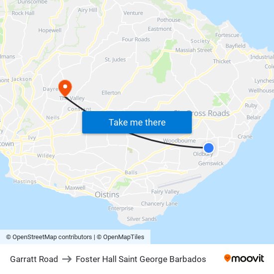 Garratt Road to Foster Hall Saint George Barbados map