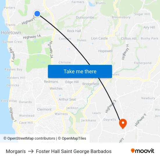 Morgan's to Foster Hall Saint George Barbados map
